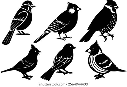 6 vector silhouette bird icon set of American Goldfinch,
Eastern Bluebird, Wood Thrush, Great Horned Owl, Scarlet Tanager, Ruby-throate, Hummingbird