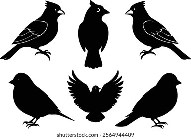 6 vector silhouette bird icon set of American Goldfinch,
Eastern Bluebird, Wood Thrush, Great Horned Owl, Scarlet Tanager, Ruby-throate, Hummingbird