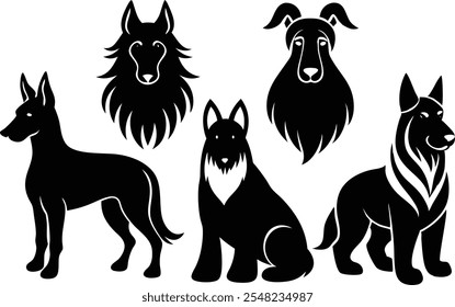 Conjunto de iconos de logotipo de perros de silueta de 6 Vectores - Ilustraciones Clipart negras sobre fondo blanco