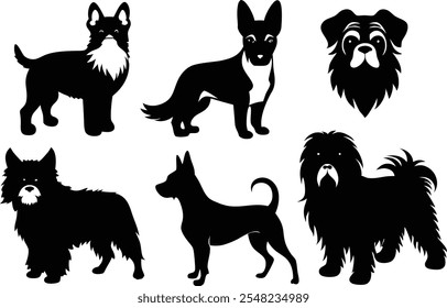 Conjunto de iconos de logotipo de perros de silueta de 6 Vectores - Ilustraciones Clipart negras sobre fondo blanco