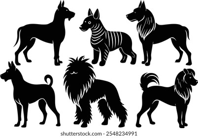 Conjunto de iconos de logotipo de perros de silueta de 6 Vectores - Ilustraciones Clipart negras sobre fondo blanco