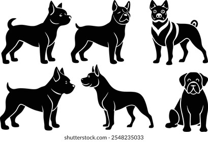 Conjunto de iconos de logotipo de perros de silueta de 6 Vectores - Ilustraciones Clipart negras sobre fondo blanco