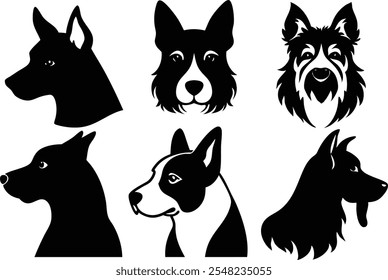 Conjunto de iconos de logotipo de perros de silueta de 6 Vectores - Ilustraciones Clipart negras sobre fondo blanco