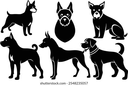 Conjunto de iconos de logotipo de perros de silueta de 6 Vectores - Ilustraciones Clipart negras sobre fondo blanco