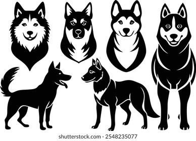 Conjunto de iconos de logotipo de perros de silueta de 6 Vectores - Ilustraciones Clipart negras sobre fondo blanco