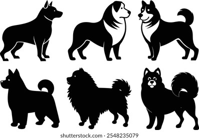 Conjunto de iconos de logotipo de perros de silueta de 6 Vectores - Ilustraciones Clipart negras sobre fondo blanco