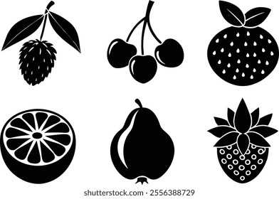 6 Vector Silhouette Fruits Icon Set - Minimalist Fruit Clipart Collection