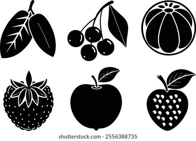 6 Vector Silhouette Fruits Icon Set - Minimalist Fruit Clipart Collection