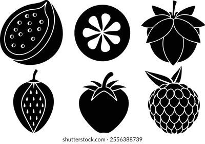 6 Vector Silhouette Fruits Icon Set - Minimalist Fruit Clipart Collection