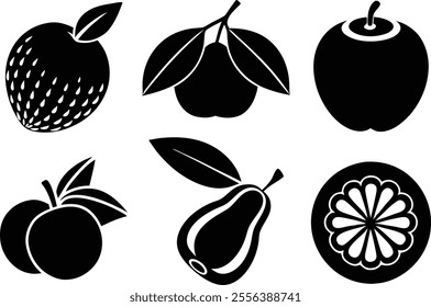 6 Vector Silhouette Fruits Icon Set - Minimalist Fruit Clipart Collection