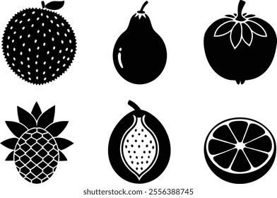 6 Vector Silhouette Fruits Icon Set - Minimalist Fruit Clipart Collection