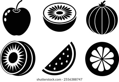 6 Vector Silhouette Fruits Icon Set - Minimalist Fruit Clipart Collection