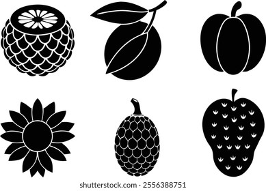 6 Vector Silhouette Fruits Icon Set - Minimalist Fruit Clipart Collection