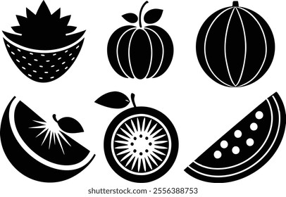 6 Vector Silhouette Fruits Icon Set - Minimalist Fruit Clipart Collection
