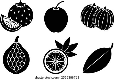 6 Vector Silhouette Fruits Icon Set - Minimalist Fruit Clipart Collection