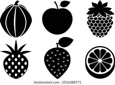 6 Vector Silhouette Fruits Icon Set - Minimalist Fruit Clipart Collection