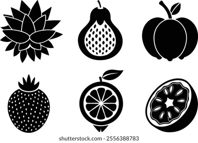 6 Vector Silhouette Fruits Icon Set - Minimalist Fruit Clipart Collection