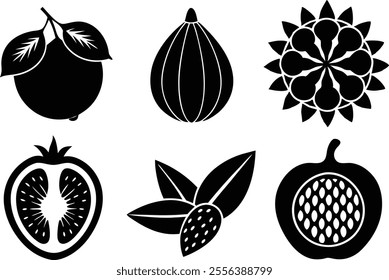 6 Vector Silhouette Fruits Icon Set - Minimalist Fruit Clipart Collection