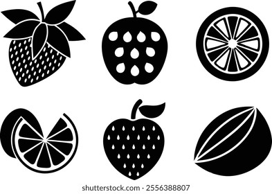 6 Vector Silhouette Fruits Icon Set - Minimalist Fruit Clipart Collection