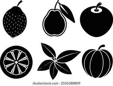 6 Vector Silhouette Fruits Icon Set - Minimalist Fruit Clipart Collection