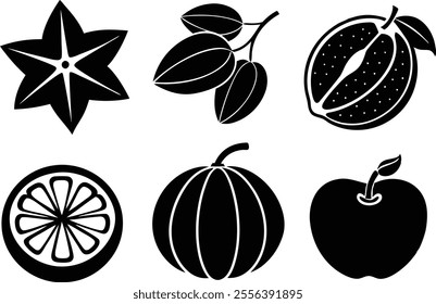 6 Vector Silhouette Fruits Icon Set - Minimalist Fruit Clipart Collection  of fruit icons in a clean and minimalist style