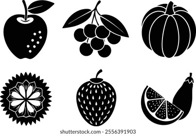 6 Vector Silhouette Fruits Icon Set - Minimalist Fruit Clipart Collection  of fruit icons in a clean and minimalist style