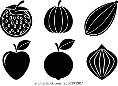 6 Vector Silhouette Fruits Icon Set - Minimalist Fruit Clipart Collection  of fruit icons in a clean and minimalist style