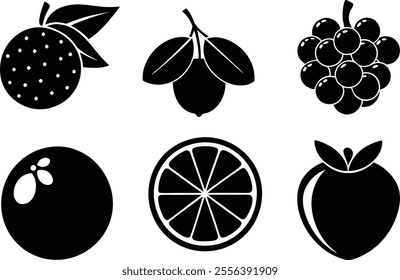 6 Vector Silhouette Fruits Icon Set - Minimalist Fruit Clipart Collection  of fruit icons in a clean and minimalist style