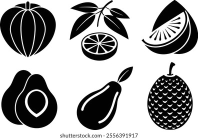 6 Vector Silhouette Fruits Icon Set - Minimalist Fruit Clipart Collection  of fruit icons in a clean and minimalist style