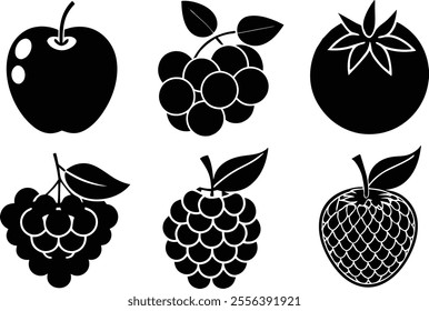 6 Vector Silhouette Fruits Icon Set - Minimalist Fruit Clipart Collection  of fruit icons in a clean and minimalist style