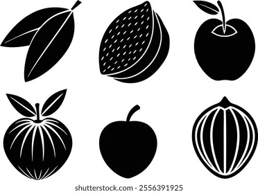 6 Vector Silhouette Fruits Icon Set - Minimalist Fruit Clipart Collection  of fruit icons in a clean and minimalist style