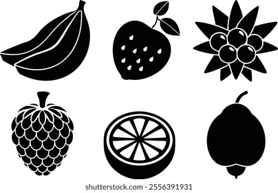 6 Vector Silhouette Fruits Icon Set - Minimalist Fruit Clipart Collection  of fruit icons in a clean and minimalist style