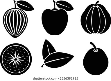 6 Vector Silhouette Fruits Icon Set - Minimalist Fruit Clipart Collection  of fruit icons in a clean and minimalist style