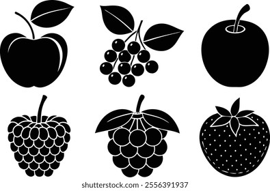 6 Vector Silhouette Fruits Icon Set - Minimalist Fruit Clipart Collection  of fruit icons in a clean and minimalist style