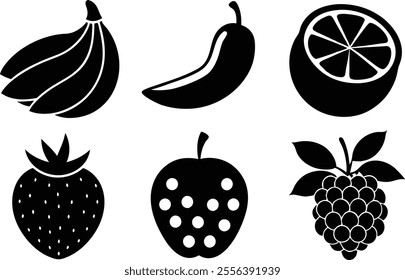 6 Vector Silhouette Fruits Icon Set - Minimalist Fruit Clipart Collection  of fruit icons in a clean and minimalist style