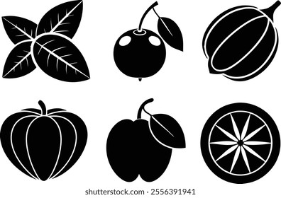 6 Vector Silhouette Fruits Icon Set - Minimalist Fruit Clipart Collection  of fruit icons in a clean and minimalist style