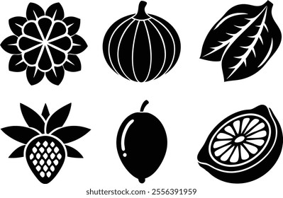 6 Vector Silhouette Fruits Icon Set - Minimalist Fruit Clipart Collection  of fruit icons in a clean and minimalist style