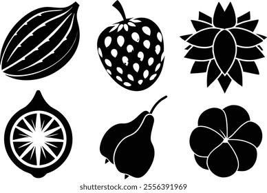 6 Vector Silhouette Fruits Icon Set - Minimalist Fruit Clipart Collection  of fruit icons in a clean and minimalist style