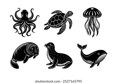 6 vector silhouette of Marine Animals Octopus, Sea, Jellyfish, Manatee, Seal, Whale