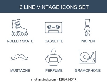 6 vintage icons. Trendy vintage icons white background. Included line icons such as roller skate, cassette, ink pen, mustache, perfume, gramophone. vintage icon for web and mobile.