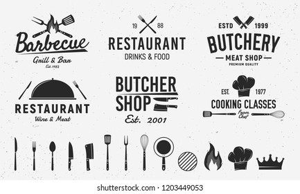 6 Plantillas de logotipo de época y 14 elementos de diseño para la restauración. Carnicería, Barbacoa, Restaurante emblemas plantillas. Ilustración del vector