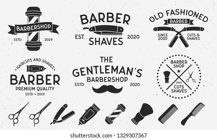 6 Modelos de logotipo vintage y 8 elementos de diseño para peluquería, salón de peluquería. Barbershop, Barber, el salón de Haircut's emblemas plantillas. Ilustración del vector