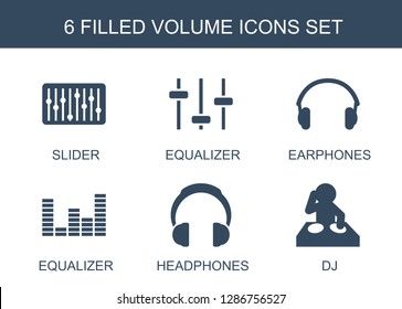 6 volume icons. Trendy volume icons white background. Included filled icons such as slider, equalizer, earphones, headphones, dj. volume icon for web and mobile.