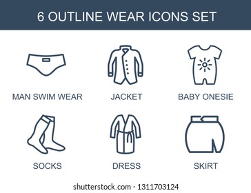 6 wear icons. Trendy wear icons white background. Included outline icons such as man swim wear, jacket, baby onesie, socks, dress, skirt. icon for web and mobile.