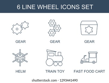 6 wheel icons. Trendy wheel icons white background. Included line icons such as gear, helm, train toy, fast food cart. wheel icon for web and mobile.