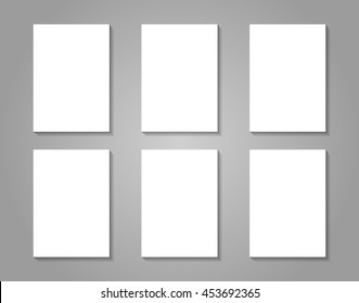 6 White Paper Sheets On Gray Background. Vector Mock Up For Presentation, Card, Flyer, Cover Design Versions.