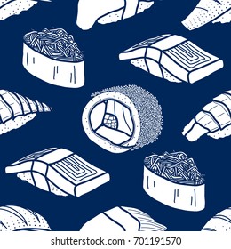 6 white silhouette sushi and roll on dark blue background. Cute Japanese food illustration hand drawn style. Seamless pattern.