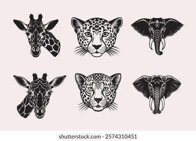 6 Wild Animal Head silhouette Vector on white Background
