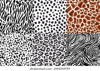 6 Wild Animal Prints. Seamless Patterns. Tiger, Leopard, Zebra, Giraffe, Hyena, Cheetah. Abstract Patterns on White Backdrop. Hand-Drawn Animal Skin Backgrounds. Vector Tiles with Wild Animal Fur.