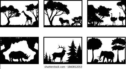 6 Wildlife scenes with animals 3D models and vector files. | cnc file, laser cutting file | Dxf, Svg, Max, Cdr, Eps, FBX, AI, 3DS |Set 099| svg